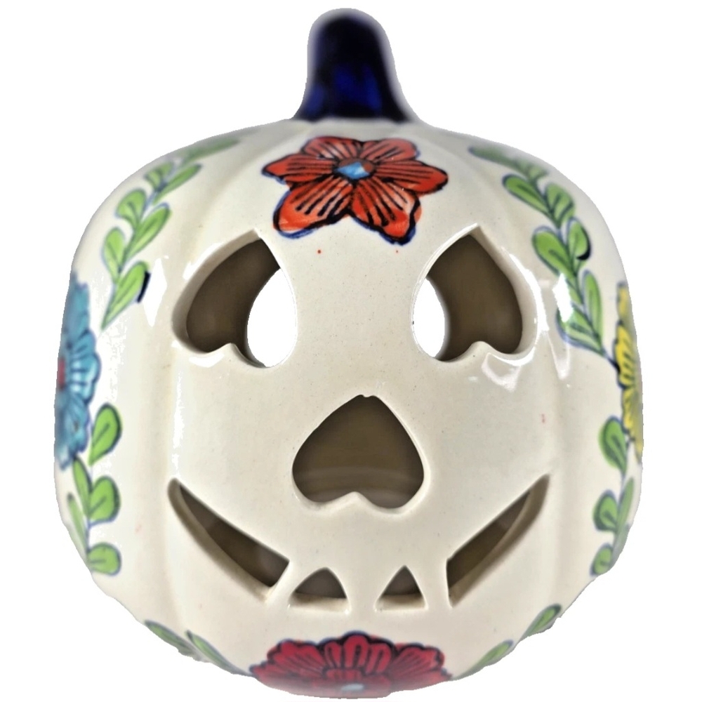 Martha Stewart Cream Ceramic Pumpkin Lantern with Floral Design